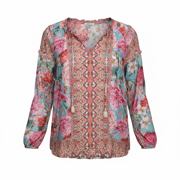 Johnny Was Tops - Johnny Was 100% Silk Floral Blouse - SKU 1123